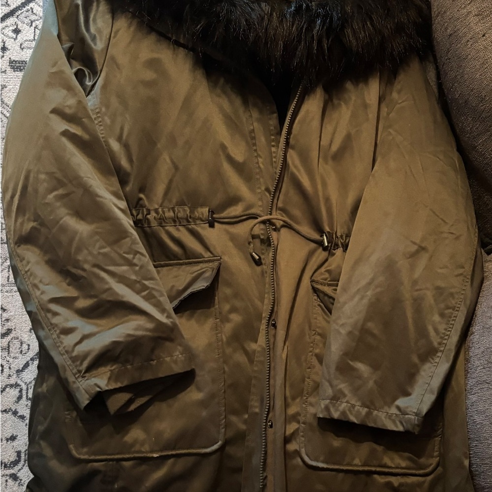 Torrid Olive Green Puffer Jacket with Black Fur Trim